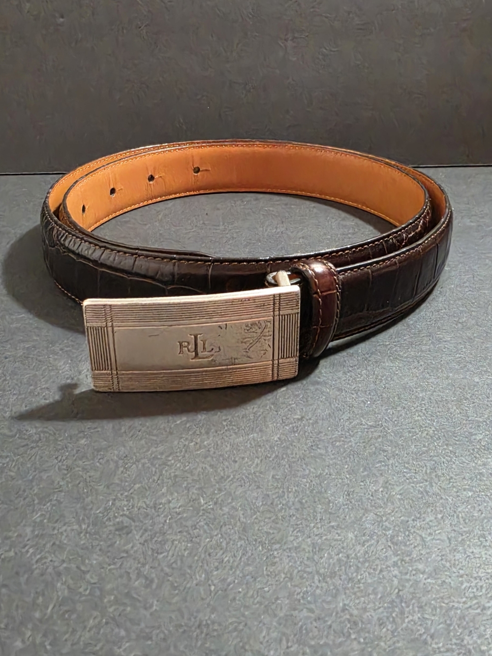 Ralph Lauren Croc-Embossed Dark Brown Leather Belt with Silver RL Buckle